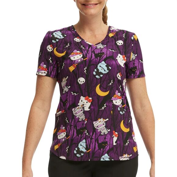 3XL Sanrio Hello Kitty Halloween Ghost Zombie Witch Cat Skull V-Neck Scrub Top - Picture 1 of 3